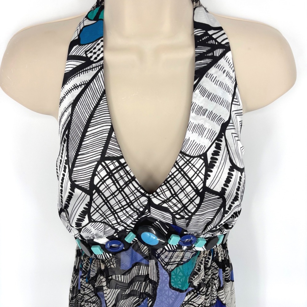 Signature By Robbie Bee Womens Silk Halter Maxi Dress Blue Black Abstract Size 6
